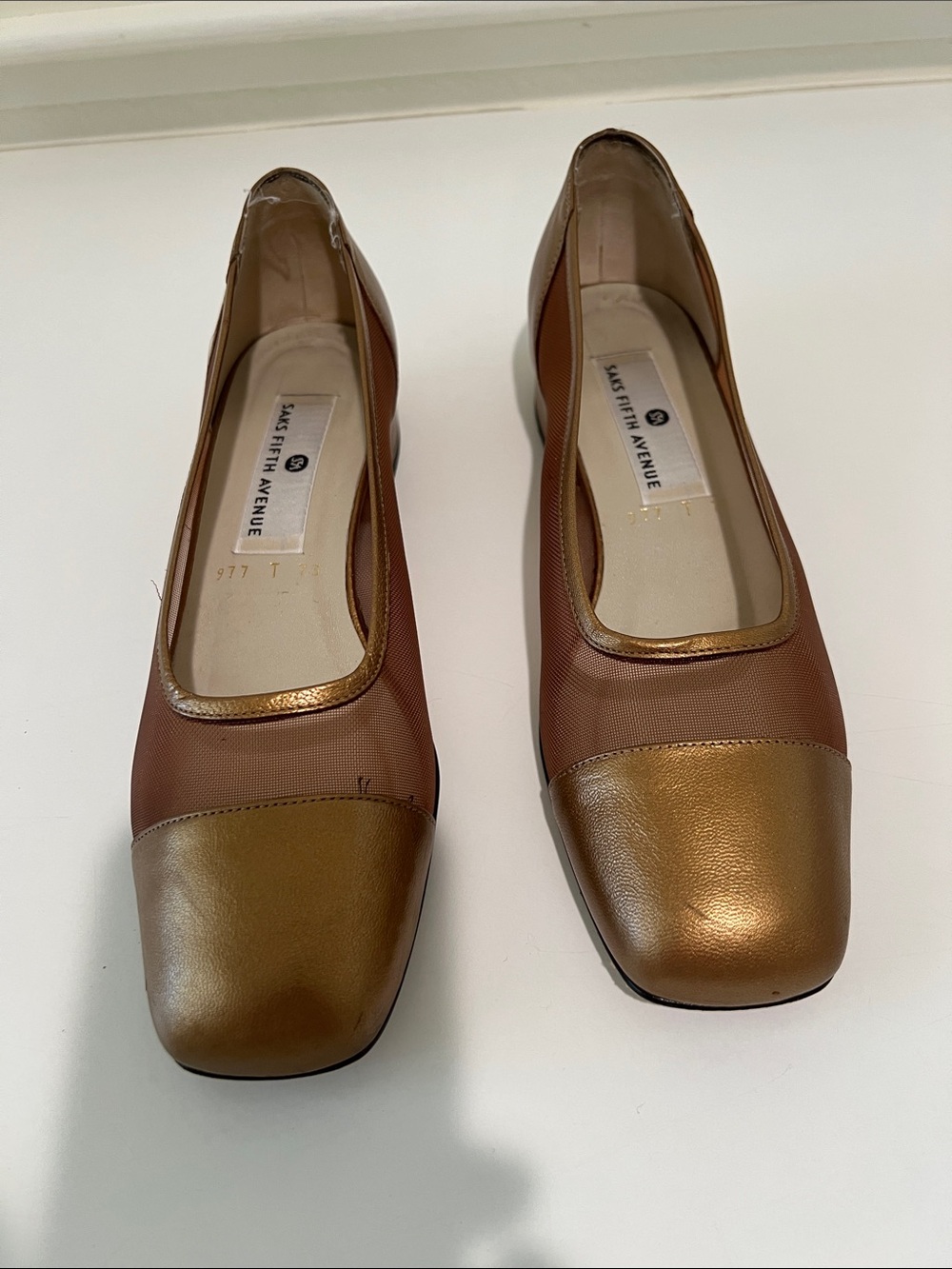 Saks Fifth Avenue Bronze Mesh and Metallic Leather Flats